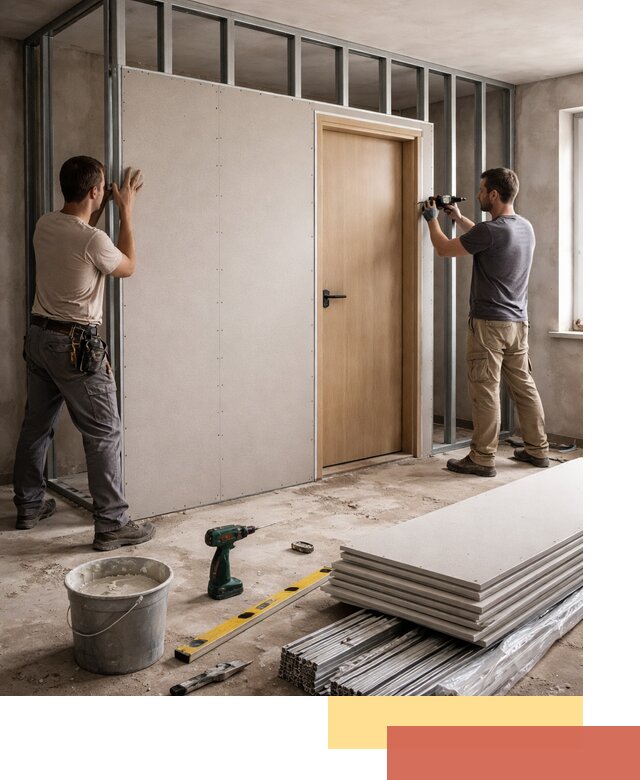 Перегородка из гипсокартона с дверью под ключ в Ишиме