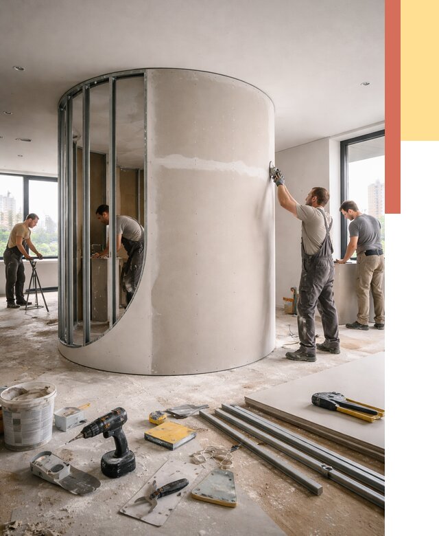 Радиусная перегородка из гипсокартона в Ишиме от 3014 руб. под ключ | ОТДЕЛОЧНИК-Шм