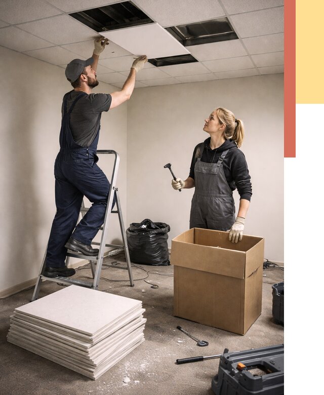 Демонтаж потолочной плитки в Ишиме от 4677 руб. быстро и недорого | ОТДЕЛОЧНИК-Шм