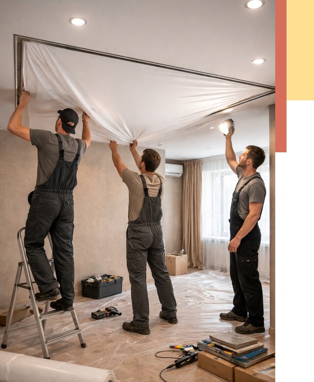 Монтаж ПВХ натяжного потолка в Ишиме от 3638 руб. под ключ | ОТДЕЛОЧНИК-Шм