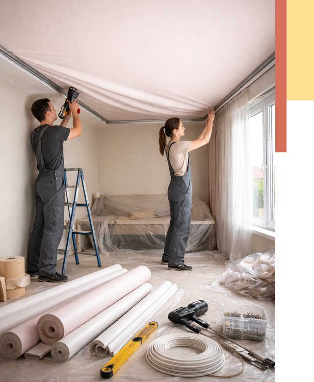 Монтаж цветного натяжного потолка в Ишиме от 4365 руб/м² — быстро и недорого | ОТДЕЛОЧНИК-Шм