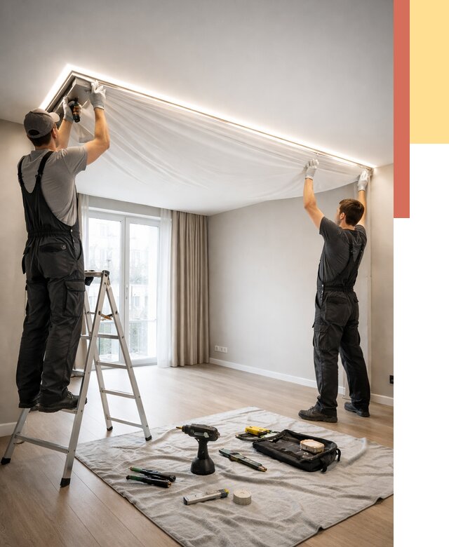 Монтаж парящего натяжного потолка в Ишиме от 4677 руб. быстро и недорого | ОТДЕЛОЧНИК-Шм