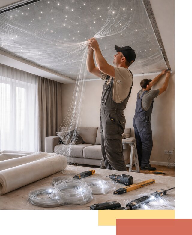 Монтаж натяжного потолка «Звездное небо» в Ишиме