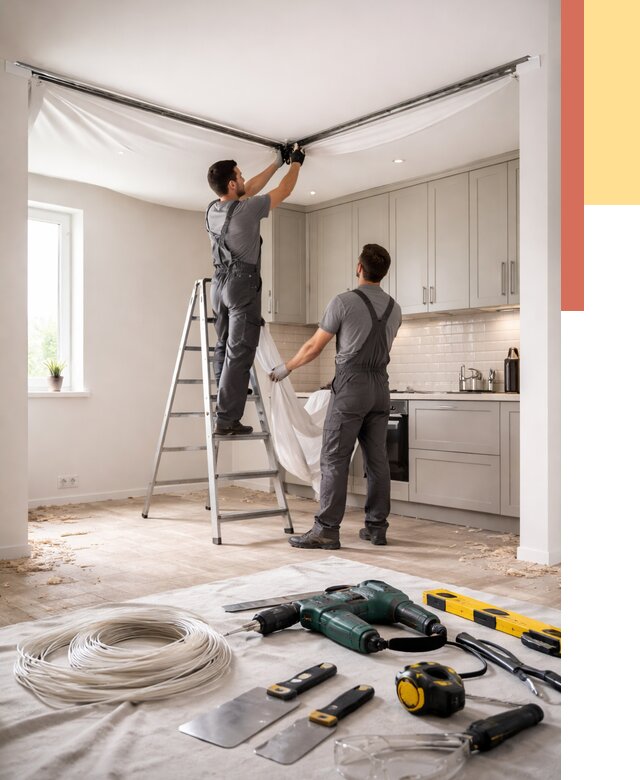 Установка натяжного потолка на кухне в Ишиме от 2494 руб. | ОТДЕЛОЧНИК-Шм