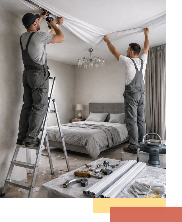 Монтаж натяжного потолка в спальне в Ишиме