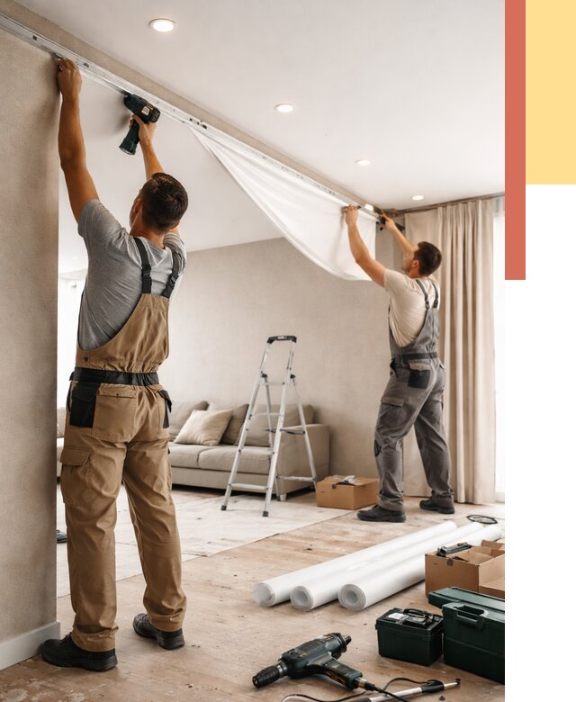 Монтаж натяжного потолка в гостиной в Ишиме от 572 руб. | ОТДЕЛОЧНИК-Шм