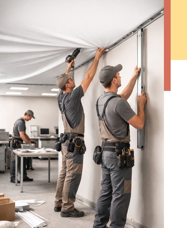 Монтаж натяжного потолка в офисе в Ишиме от 468 руб/м² — быстро и недорого | ОТДЕЛОЧНИК-Шм