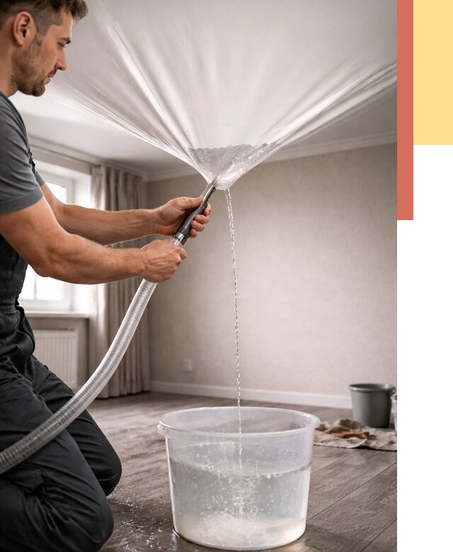 Слив воды с натяжного потолка в Ишиме от 2598 руб. быстро и недорого | ОТДЕЛОЧНИК-Шм