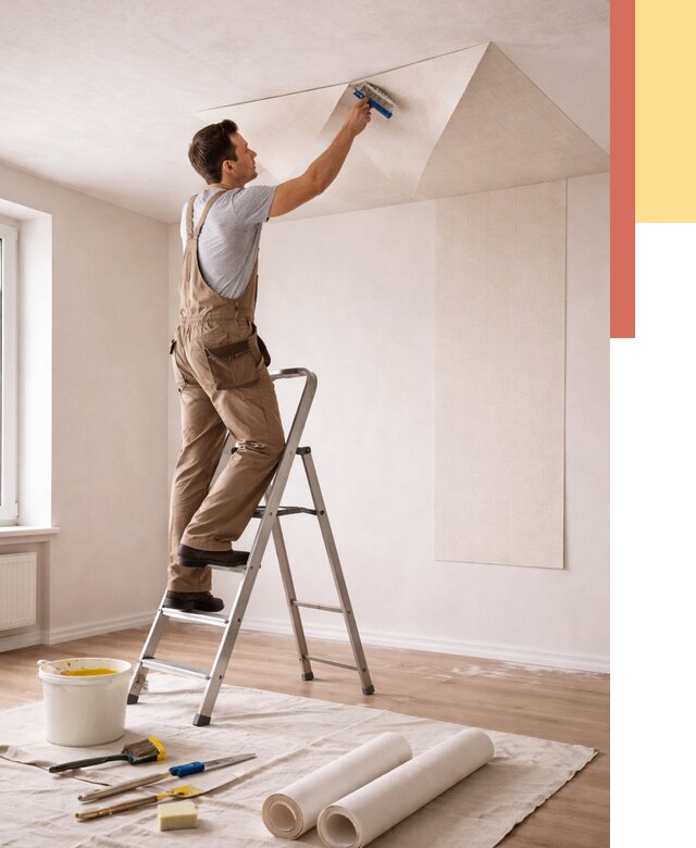 Поклейка обоев на потолок в Ишиме от 4677 руб. быстро и недорого | ОТДЕЛОЧНИК-Шм